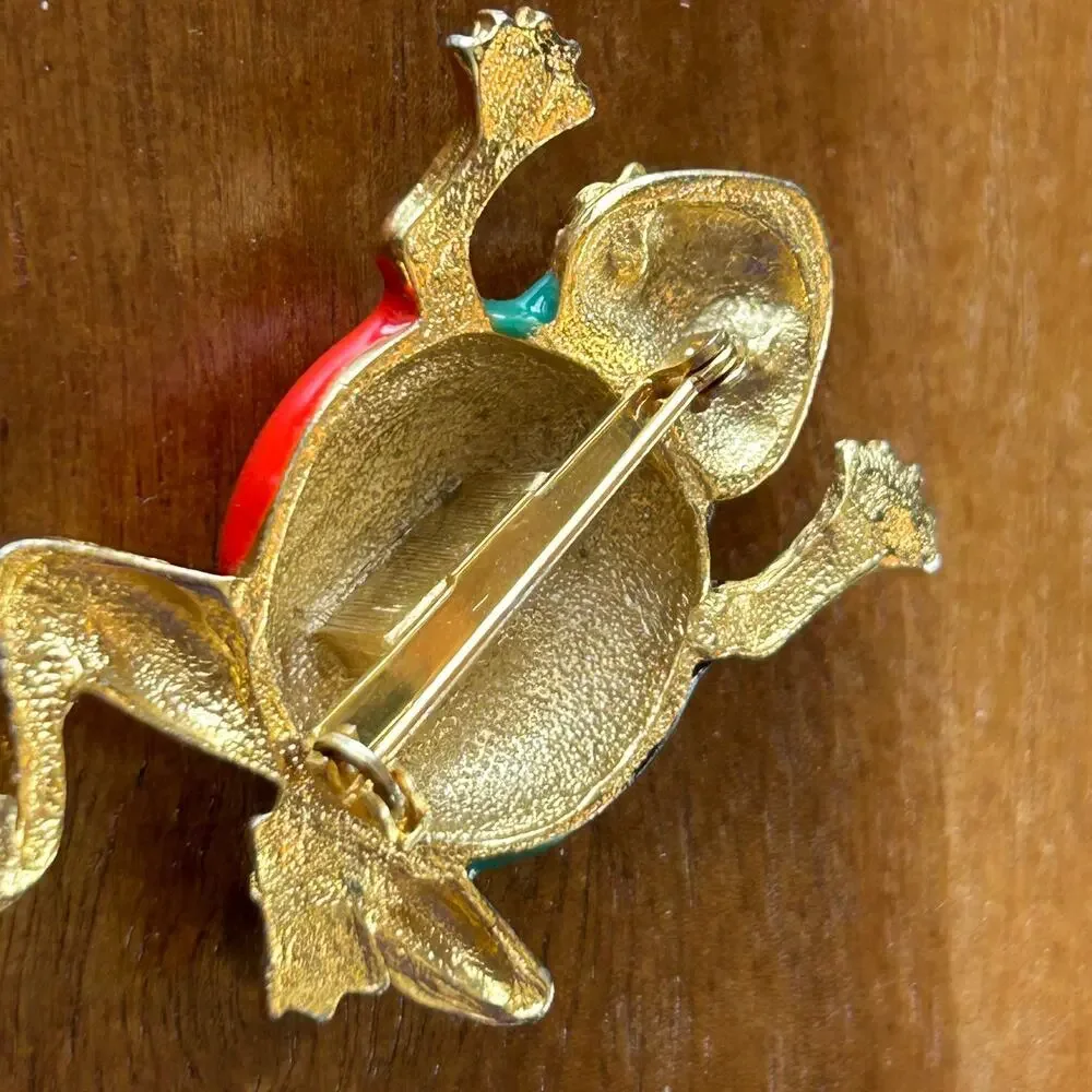 Vintage Enamel Frog Brooch | Gold Tone Multicolor Figural Pin Retro Jewelry